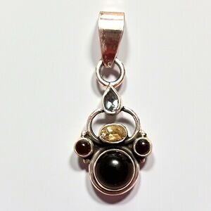 Vintage Sterling Silver Pendant with Black Onyx Garnet Citrine And Blue Topaz